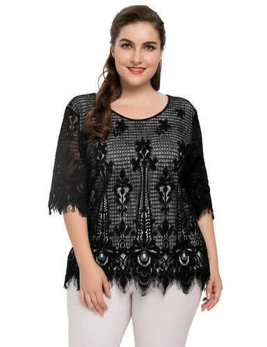 Plus Size Floral Lace Top Tunic Blouse Cotton Blended